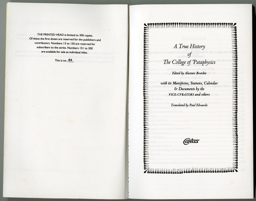 10/11. “The College of ’Pataphysics A TRUE HISTORY OF THE COLLEGE OF ’PATAPHYSICS”ナンバー